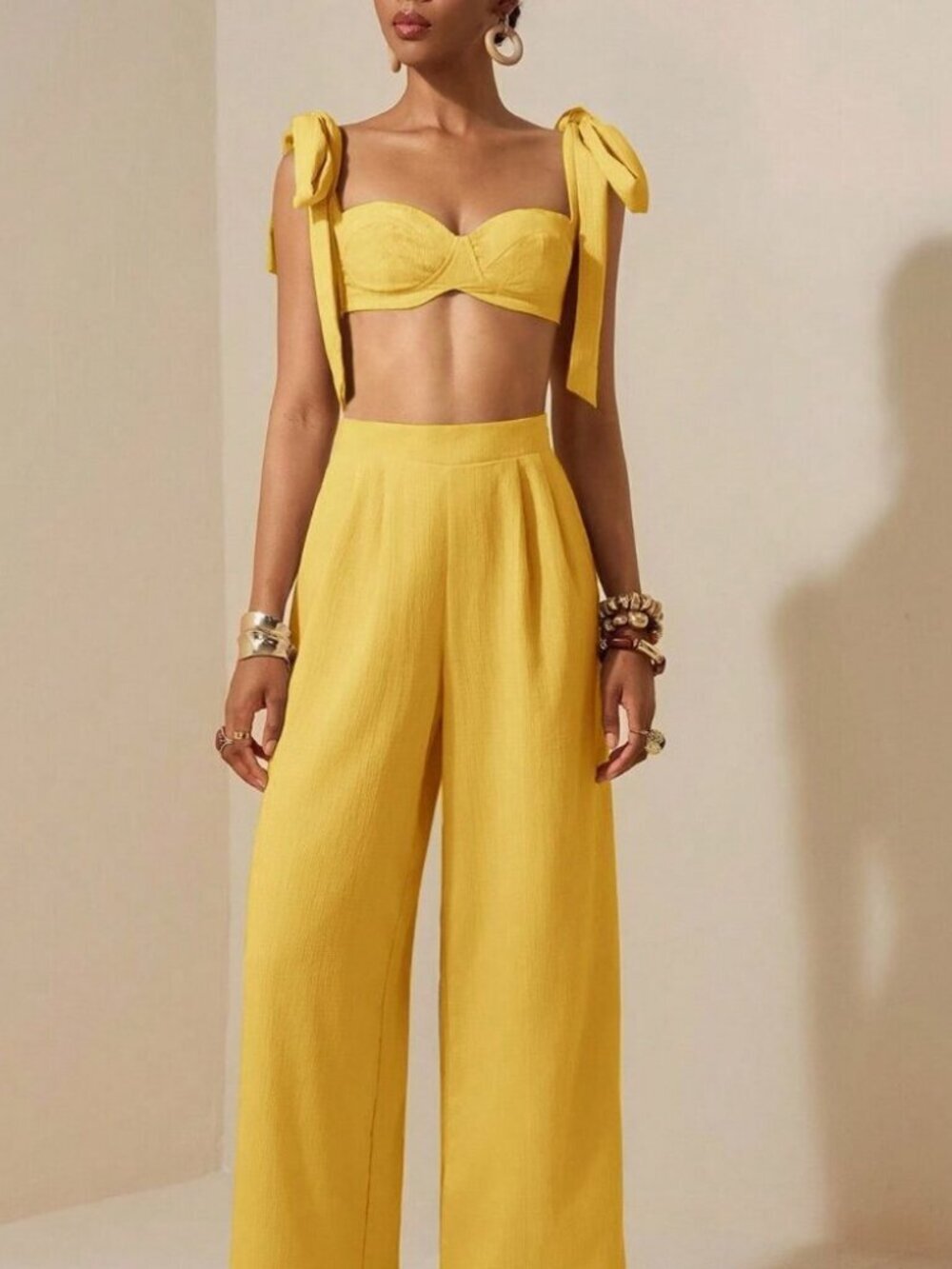 Mustard Yellow Sexy Women's Beach Cropped Top and Wide-Leg Trousers